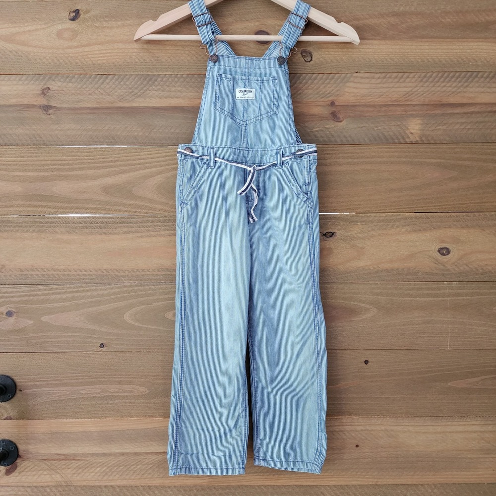 OshKosh blue white striped conductor overalls tie girls‎ size 5T